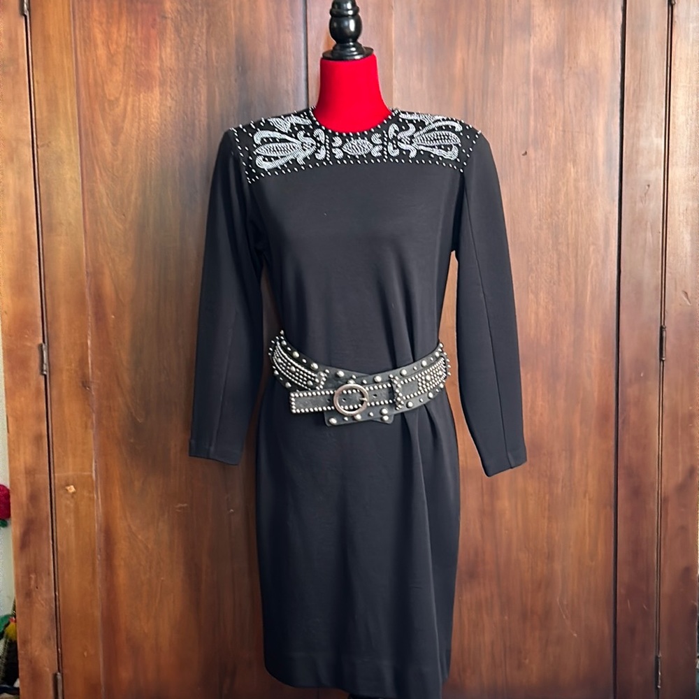 80s Liz Claiborne Studded Black Wool Dress M